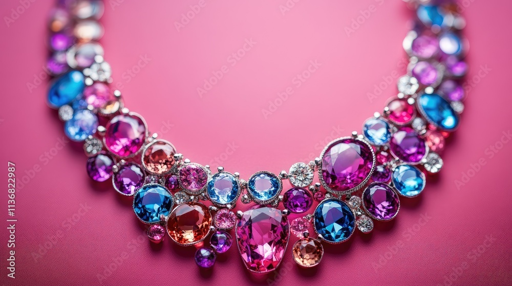 Obraz premium Colorful gemstone necklace on pink background. 