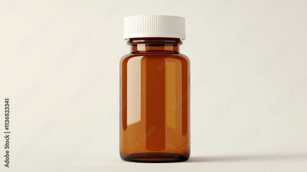 Elegant amber glass bottle with white cap on a neutral background, perfect for showcasing pharmaceutical, cosmetic, or essential oil products in your designs. Elegant amber glass bottle with white cap on a neutral background, perfect for showcasing pharmaceutical, cosmetic, or essential oil products in your designs.