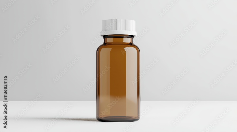 Amber glass bottle with white child-resistant cap on minimalist background, ideal for pharmaceutical, cosmetic or herbal product packaging solutions Amber glass bottle with white child-resistant cap on minimalist background, ideal for pharmaceutical, cosmetic or herbal product packaging solutions