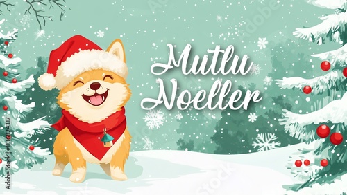 Adorable Dog-Themed Christmas Background with Mutlu Noeller Wish in Turkish, Perfect for Holiday Cheer and Festive Design photo