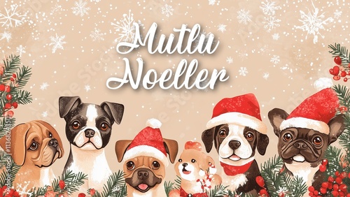 Adorable Dog-Themed Christmas Background with Mutlu Noeller Wish in Turkish, Perfect for Holiday Cheer and Festive Design photo