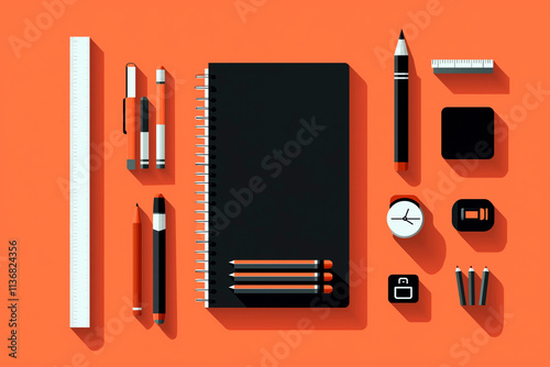 Top view of neatly arranged stationery items including a black notebook, pens, pencils, rulers, and office supplies on an orange background