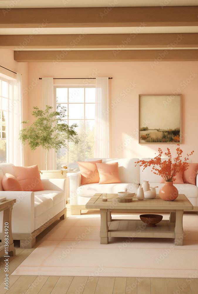 Fototapeta premium Badroom with big bad and window and home plants around.