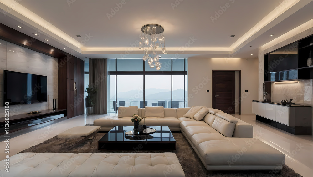 Modern living room featuring a sectional sofa, glass coffee table, and panoramic windows with a scenic view. Modern living room featuring a sectional sofa, glass coffee table, and panoramic windows with a scenic view.