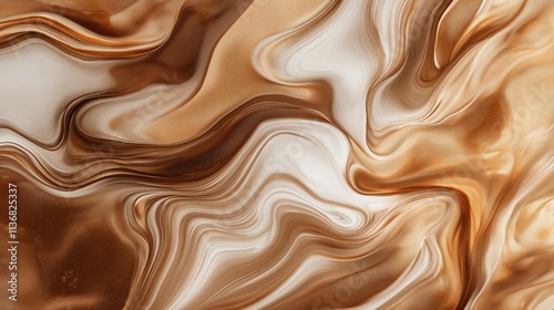 Abstract caramel brown fluid art with swirling patterns and reflective highlights, creating a rich and dynamic texture with soft, flowing curves