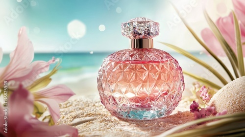 Elegant and Exquisite Glass Perfume Bottle Surrounded by Tropical Flowers and Tranquil Beach Scenery Evoking a Sense of Luxury and Serenity in Summer Vibes