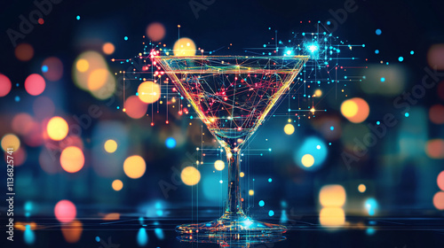 A digital cocktail glass icon with real-time mixology data, representing online bar management platforms, smart beverage analytics, and virtual bartending tools. 