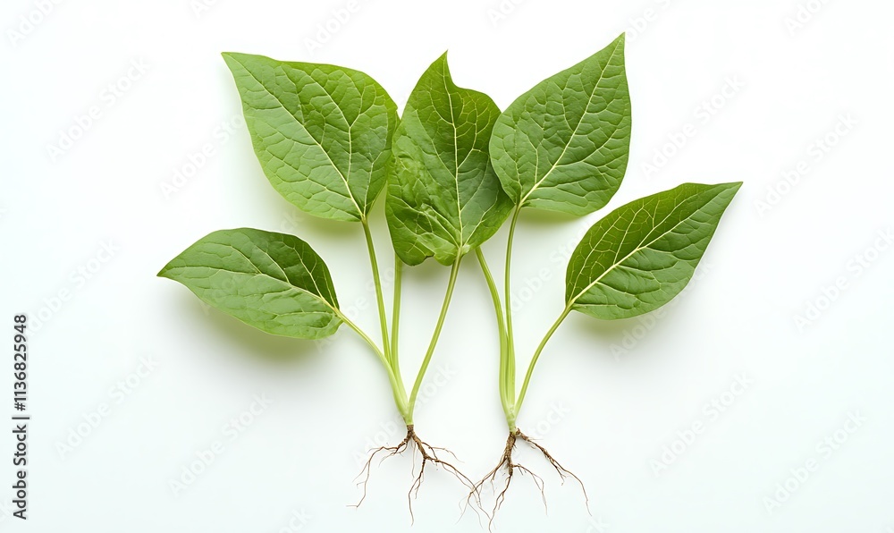 Three young plants with vibrant green leaves and roots Three young plants with vibrant green leaves and roots