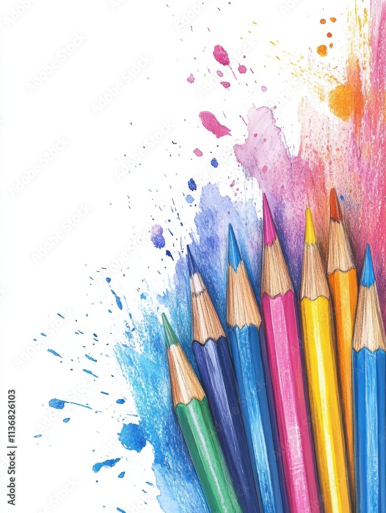 Fototapeta premium Colorful pencils with watercolor splashes for artistic children's book design