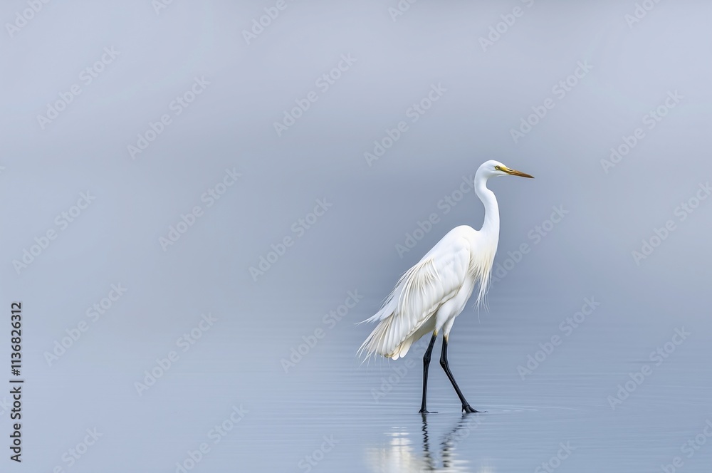 Elegant Great Egret Walking Gracefully in Serene Waters at Dusk Elegant Great Egret Walking Gracefully in Serene Waters at Dusk