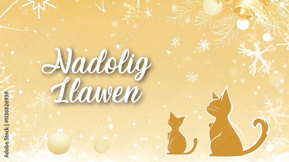 Obraz premium Festive Cat-Themed Christmas Background with Nadolig Llawen Wish in Welsh, Featuring Cute Cats and Holiday Cheer