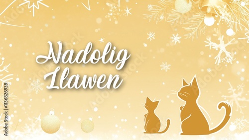 Festive Cat-Themed Christmas Background with Nadolig Llawen Wish in Welsh, Featuring Cute Cats and Holiday Cheer photo