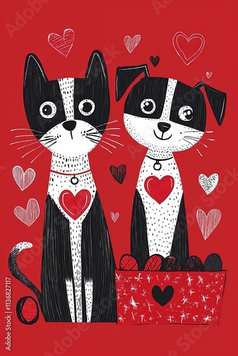 The cats have hearts on their collars and the dog has a heart on its chest. Valentine's Day
