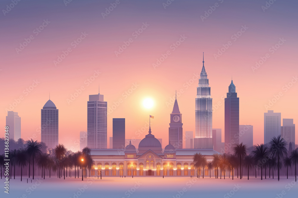 Fototapeta premium Beautiful skyline of city at sunset with iconic buildings and palm trees