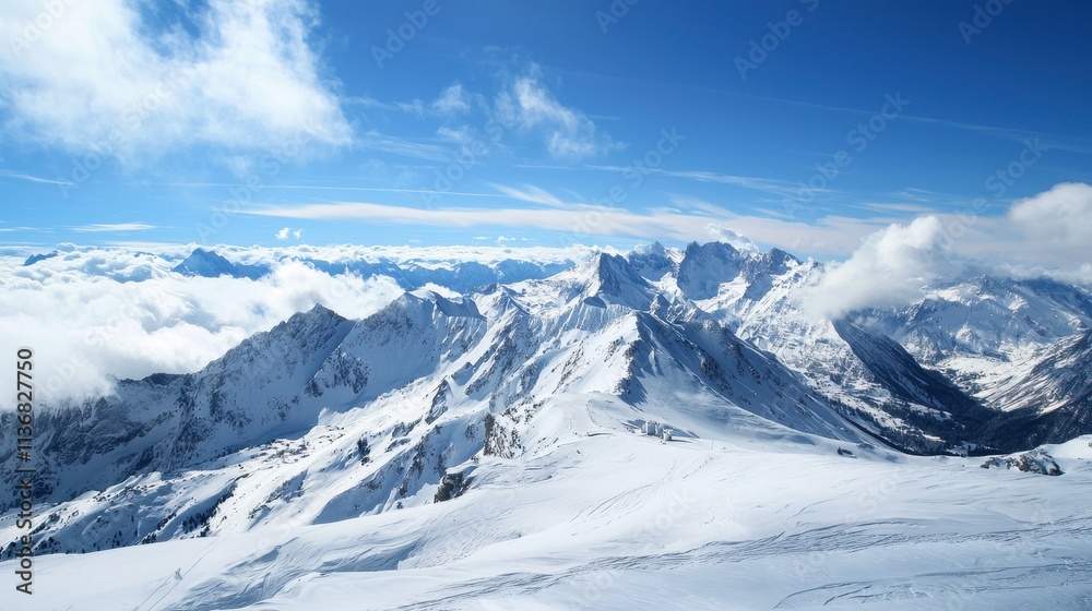 Breathtaking Panoramic View of Snow-Capped Mountain Peaks Under Clear Blue Sky with Wispy Clouds and Expansive Ice-Blanketed Terrain in Alpine Landscape Breathtaking Panoramic View of Snow-Capped Mountain Peaks Under Clear Blue Sky with Wispy Clouds and Expansive Ice-Blanketed Terrain in Alpine Landscape