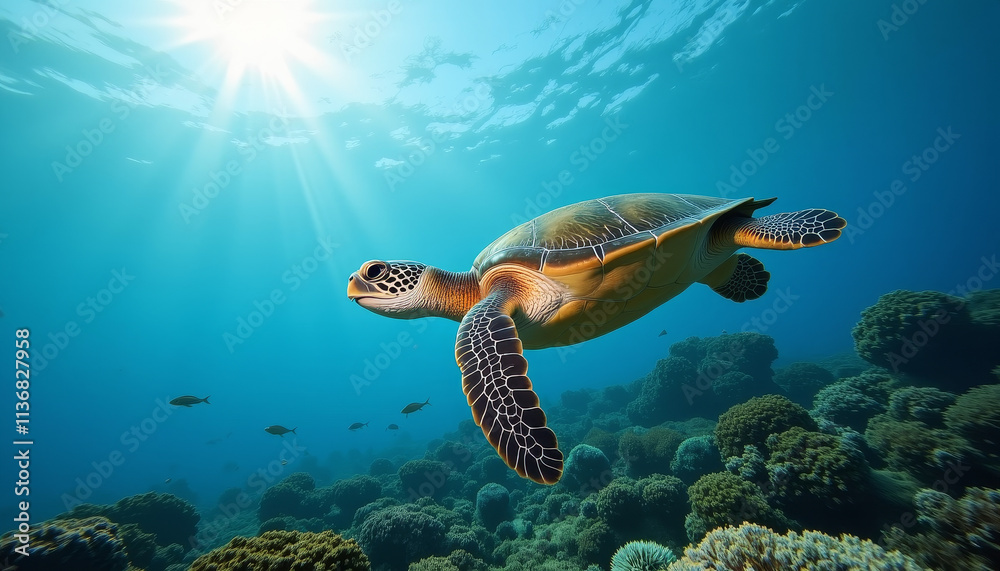 Naklejka premium Majestic sea turtle gracefully gliding through vibrant coral reef amid sunlit waters