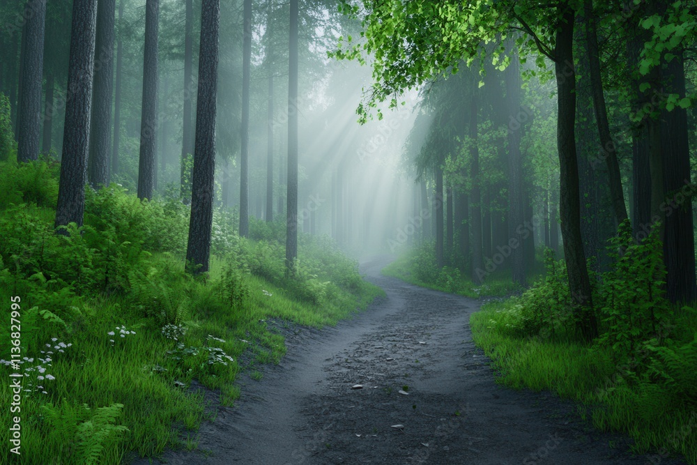 Fototapeta premium A serene forest path surrounded by lush greenery and soft sunlight filtering through the trees.
