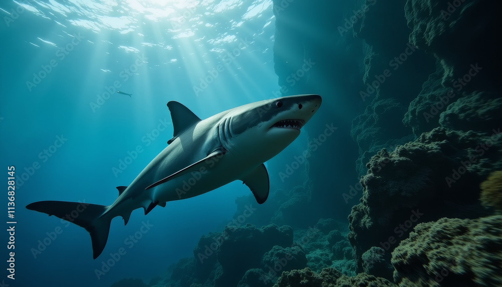 Fototapeta premium Majestic shark gliding effortlessly through serene underwater landscape with sunlight filtering from above