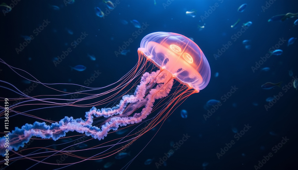 Fototapeta premium Exploring the mesmerizing beauty of a glowing jellyfish in the deep ocean at night