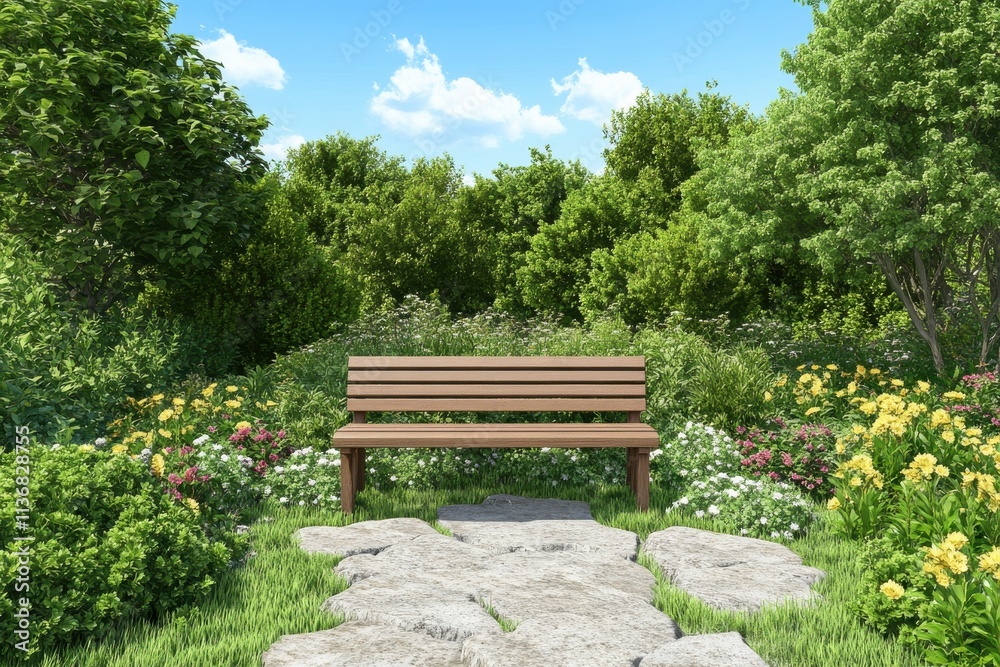 Fototapeta premium A serene wooden bench nestled in a vibrant garden surrounded by blooming flowers and lush greenery.