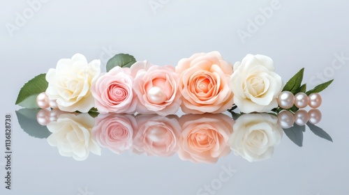 white and pink pearls intertwined with fresh roses, placed on a reflective surface, romantic 