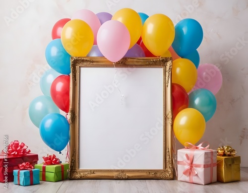 new year eve Christmas wedding anniversary  birthday celebration cake with shining colorful balloons, 3d gift boxes and frame isolated on grey wall background photo