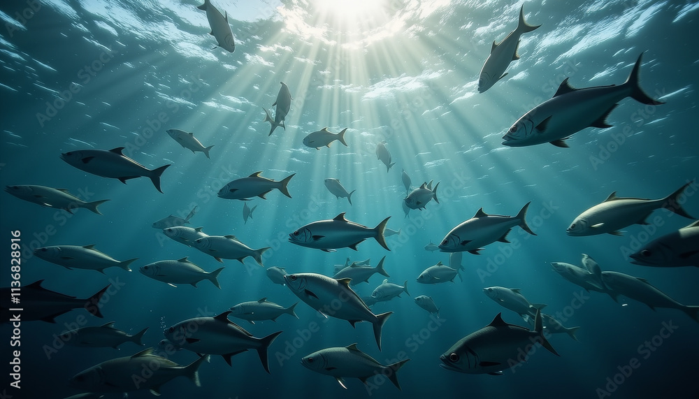 Fototapeta premium Beneath the surface, schools of fish dance in sunlit ocean depths, creating a mesmerizing underwater spectacle