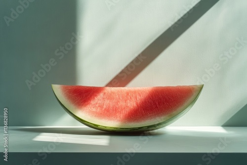 Juicy red watermelon slice sits on white surface, bathed in sunlight and casting shadows, creating a refreshing summer vibe photo