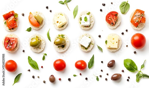 Delicious Appetizer Bites Arranged Artistically On White Background