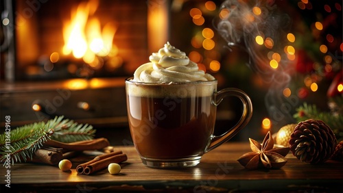 Steaming mug of hot cocoa with a fluffy dollop of whipped cream, soft lighting and warm, inviting atmosphere photo