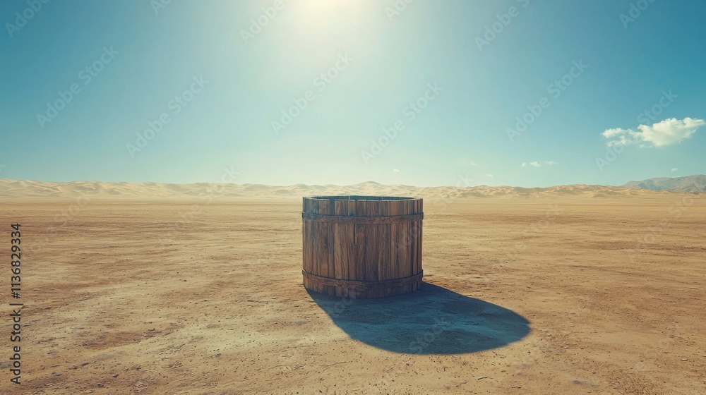 A solitary wooden barrel stands in an empty desert landscape, evoking feelings of isolation and exploration in vastness. A solitary wooden barrel stands in an empty desert landscape, evoking feelings of isolation and exploration in vastness.