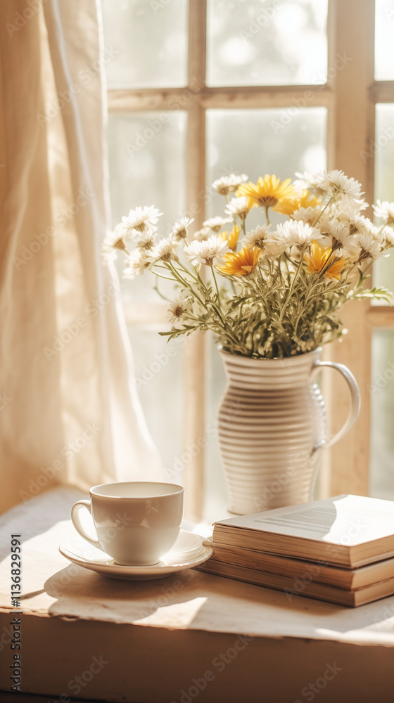 Morning coffee with vase with flowers near the window. Morning coffee with vase with flowers near the window.