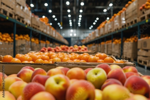 An expansive warehouse filled with vibrant citrus and stone fruits, showcasing abundance and freshness of seasonal produce.