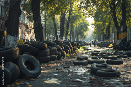 Tires forming barricades along a street during a protest, creating an atmosphere of unrest photo