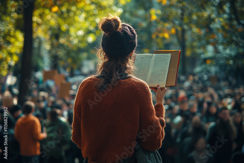 Young woman reading aloud at a protest in a city park, inspiring the crowd with powerful words photo