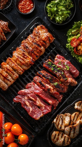 A stunning display of grilled meats alongside fresh vegetables, showcasing the art of barbecue and culinary delight.