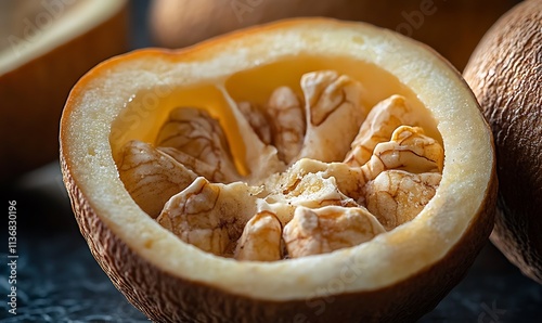Opened fruit revealing its inner nutmeat