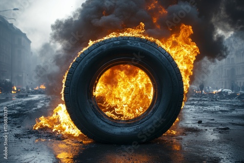 Burning tire emits dense black smoke during a street protest, creating a dramatic scene of unrest and chaos