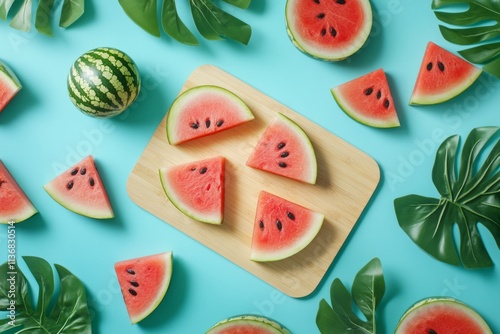 Fresh watermelon slices arranged on a wooden cutting board, complemented by tropical monstera leaves on a vibrant aquamarine backdrop photo