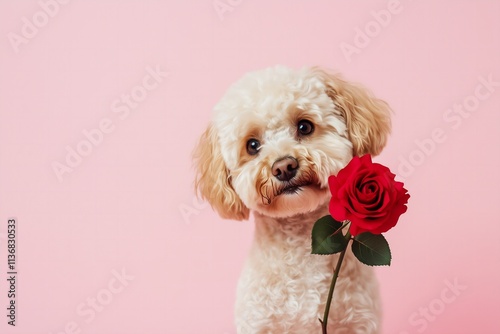 maltipoo with a red rose on a pastel pink solid color background for Valentines Day