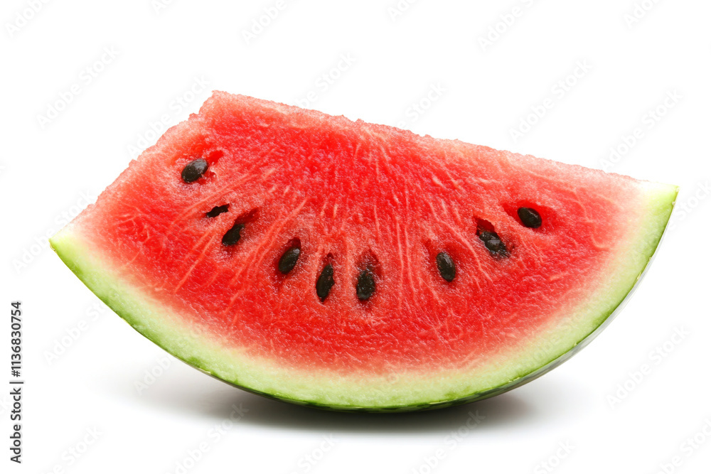 Close-up of a single watermelon slice revealing its vibrant red pulp, black seeds, and green rind against a clean white backdrop Close-up of a single watermelon slice revealing its vibrant red pulp, black seeds, and green rind against a clean white backdrop