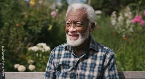 Fototapeta Naklejka Na Ścianę i Meble -  Elderly african male enjoying nature in park on a sunny day, capturing relaxation and serenity