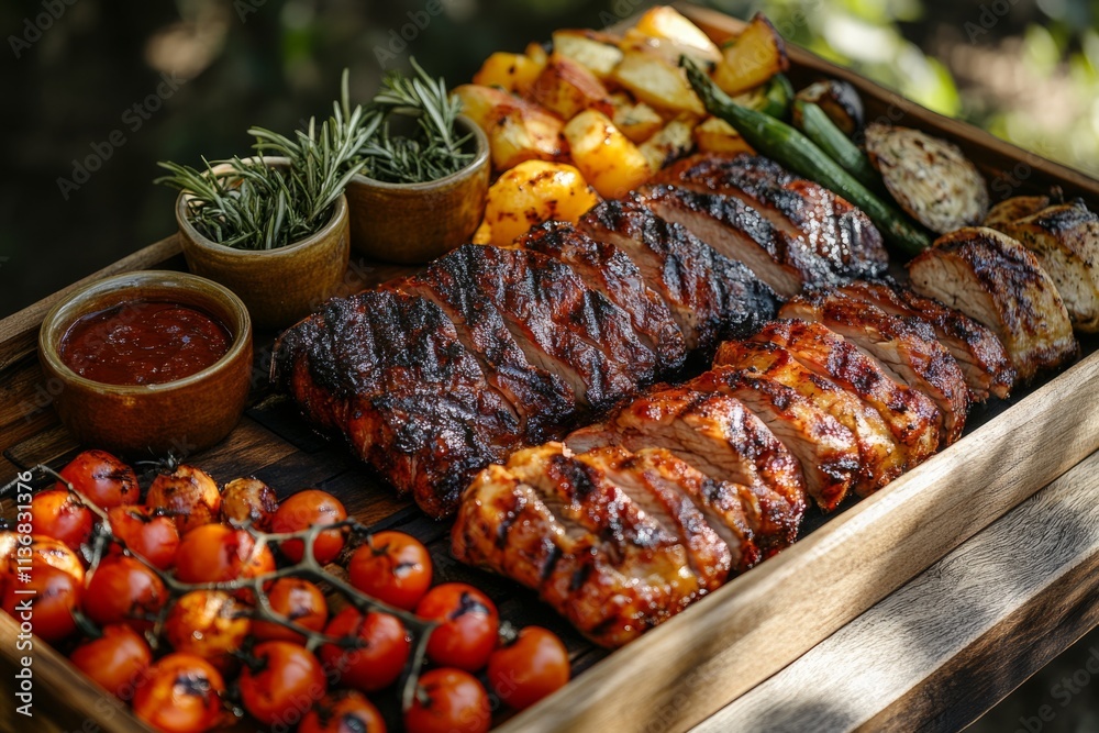 Grilled pork ribs served with roasted potatoes, asparagus, mushrooms, cherry tomatoes, rosemary, and barbecue sauce