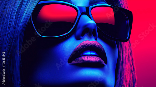 Retrato futurista de mujer con gafas de sol y luces neón
