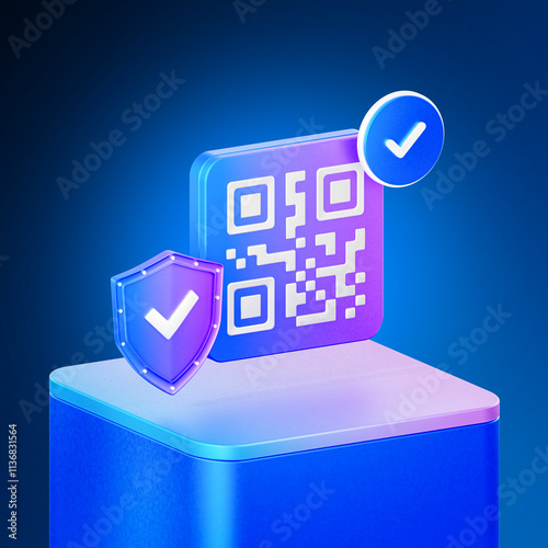 3D QR code with a shield and checkmark icon symbolizing secure payment, authentication, and digital verification on a futuristic blue background