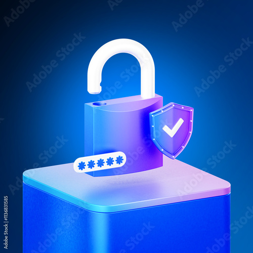 3D security concept featuring an open padlock, shield icon, and glowing password interface with a vibrant blue background symbolizing cybersecurity, data protection, and digital privacy