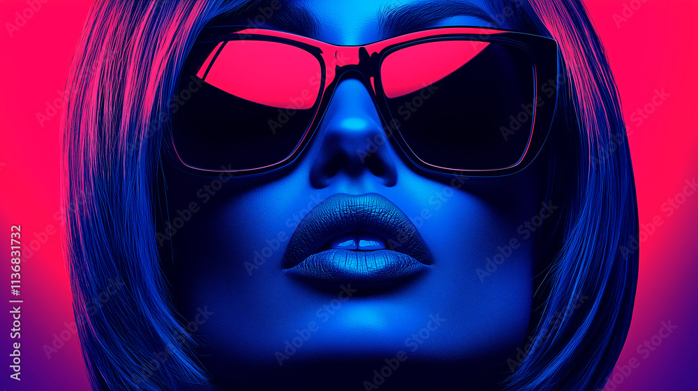 Retrato futurista de mujer con gafas de sol y luces neón Retrato futurista de mujer con gafas de sol y luces neón