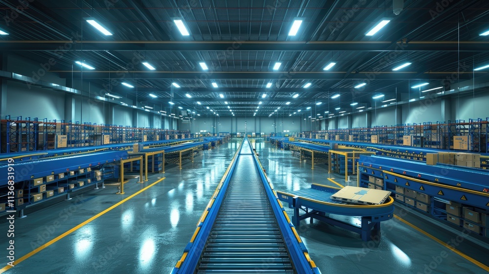 A spacious warehouse with conveyor belts and organized shelves for efficient logistics. A spacious warehouse with conveyor belts and organized shelves for efficient logistics.