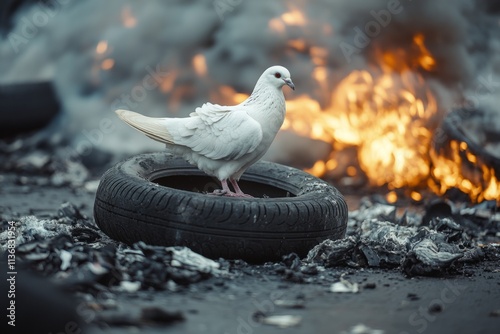 White dove standing on a burnt tire in front of a burning barricade symbolizing peace and hope during protests and social unrest photo