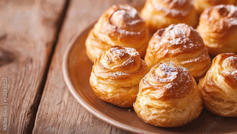 An enticing display of golden cream puff pastries, showcasing their flaky texture and sweet powdered sugar topping. An enticing display of golden cream puff pastries, showcasing their flaky texture and sweet powdered sugar topping.